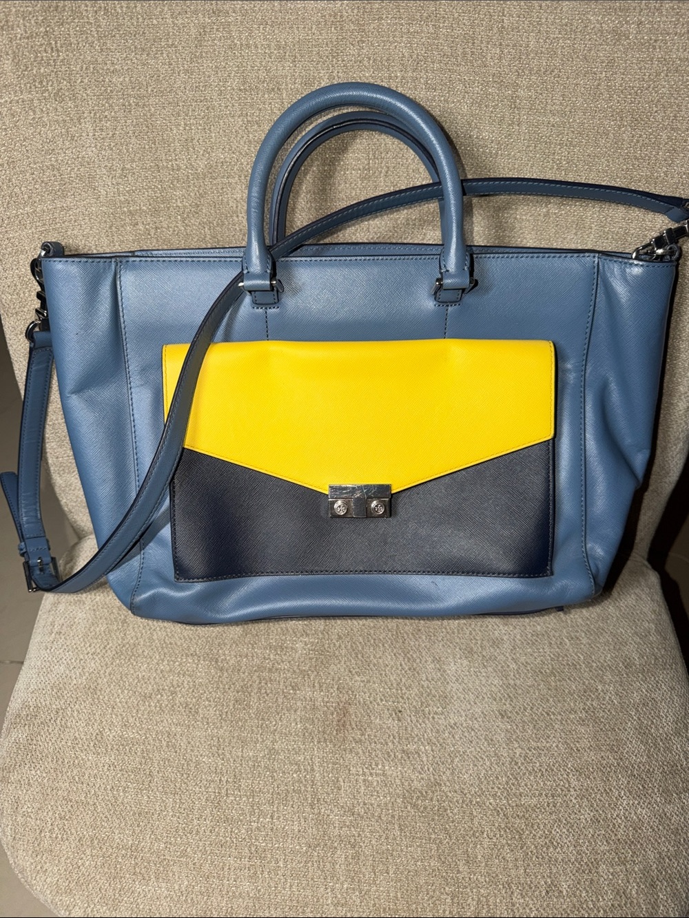 Tory Burch Blue, Yellow & Navy Colorblock Leather Shoulder Bag